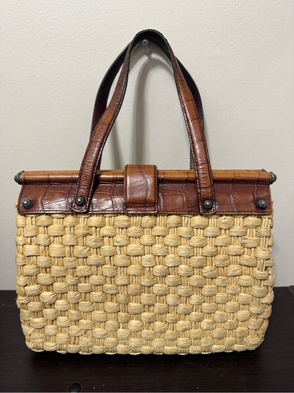 VTG Brighton Ruth Woven Straw Leather Dr Satchel Purse EUC - Picture 2 of 11